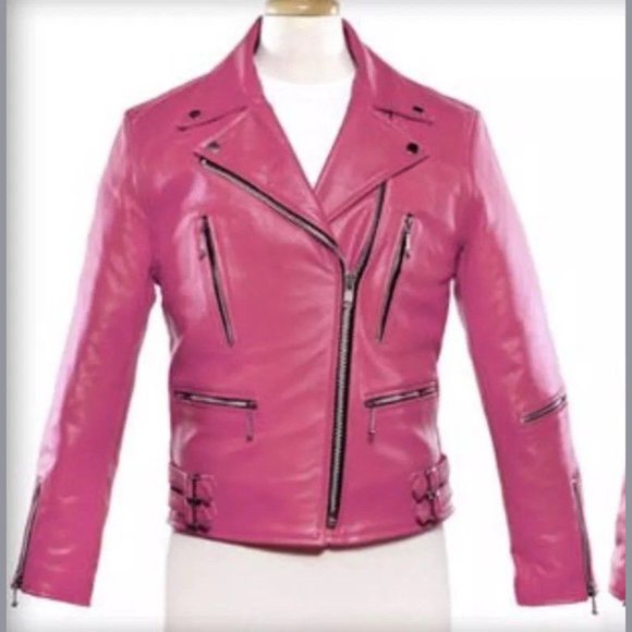 Straight To Hell Defector REAL LEATHER motorcycle jacket HOT PINK S like new - Picture 1 of 9